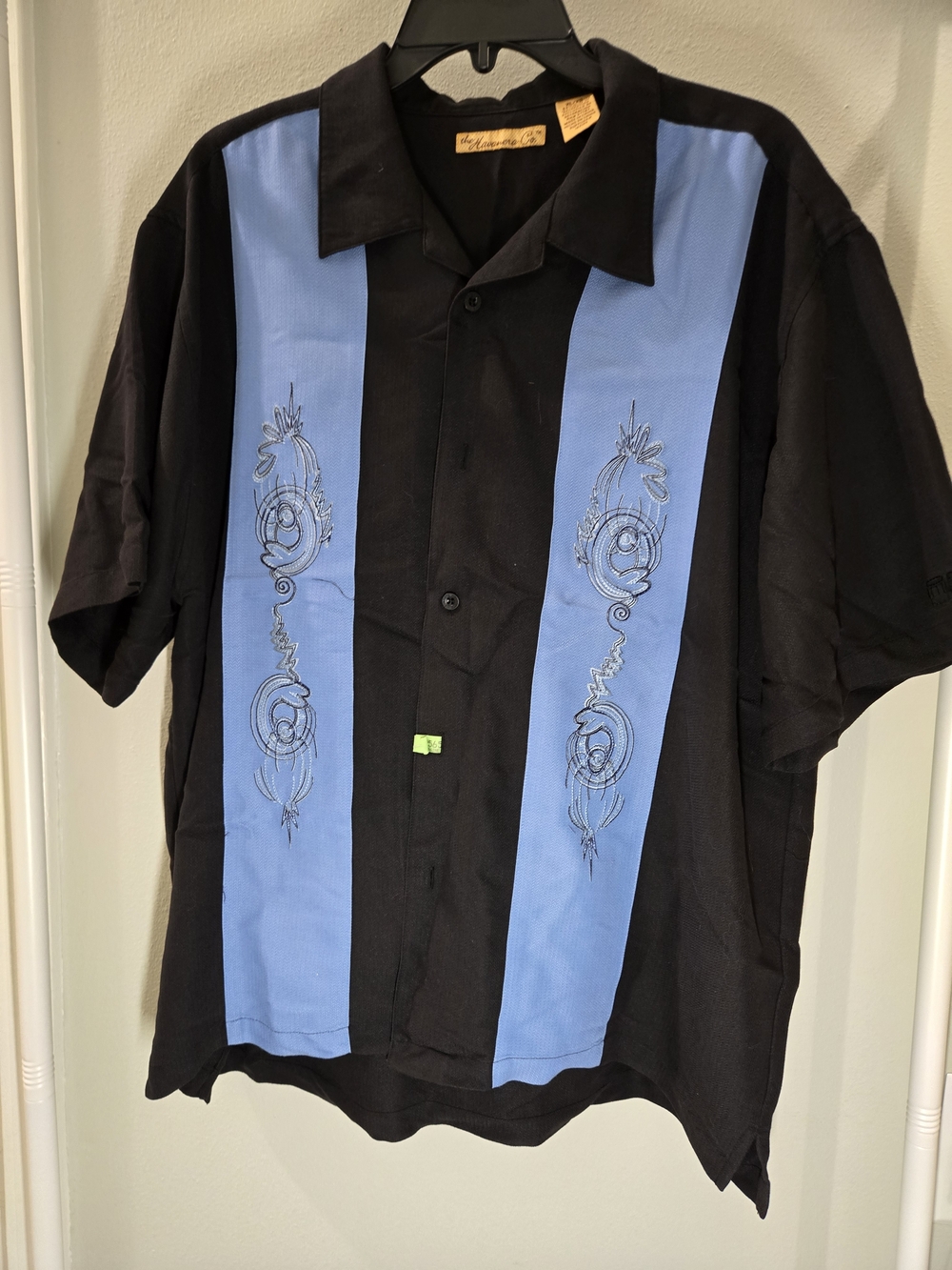 Men's Black Button-Down Shirt with Light Blue Embroidered Panels